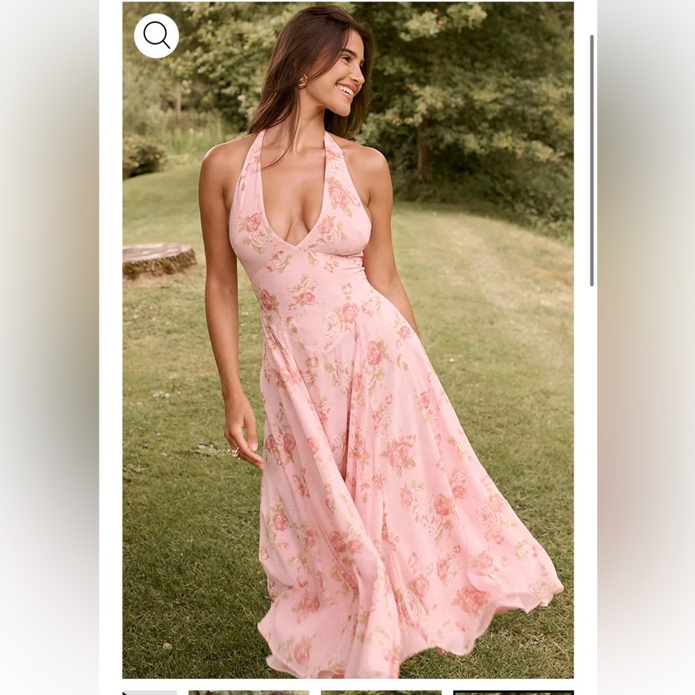 Deep V Neck Floral Pink Halter Midi Dress